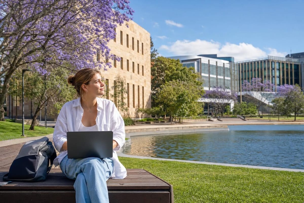 An international student sitting by a lake on an Australian university campus under jacaranda trees, laptop on her knees, looking out across the water