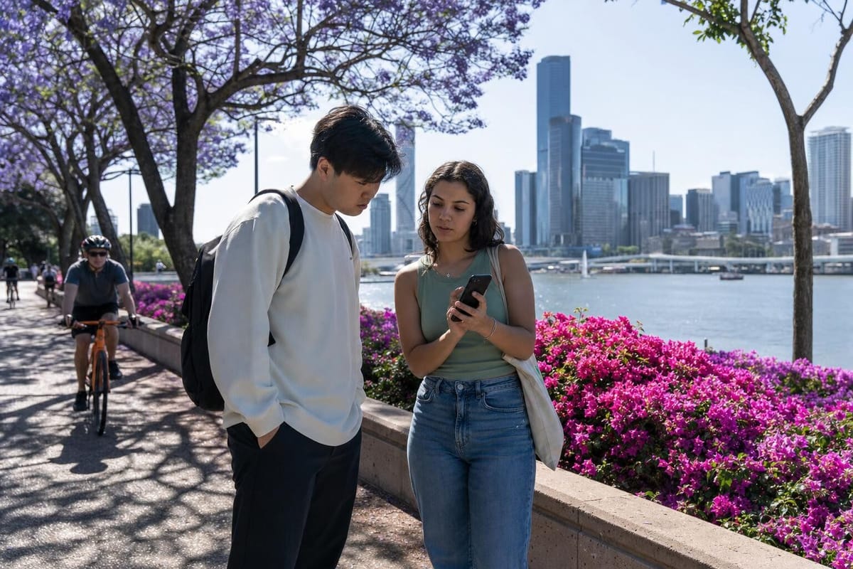 Two international students talking over a phone on the riverside walk at Brisbane South Bank, the city skyline across the river