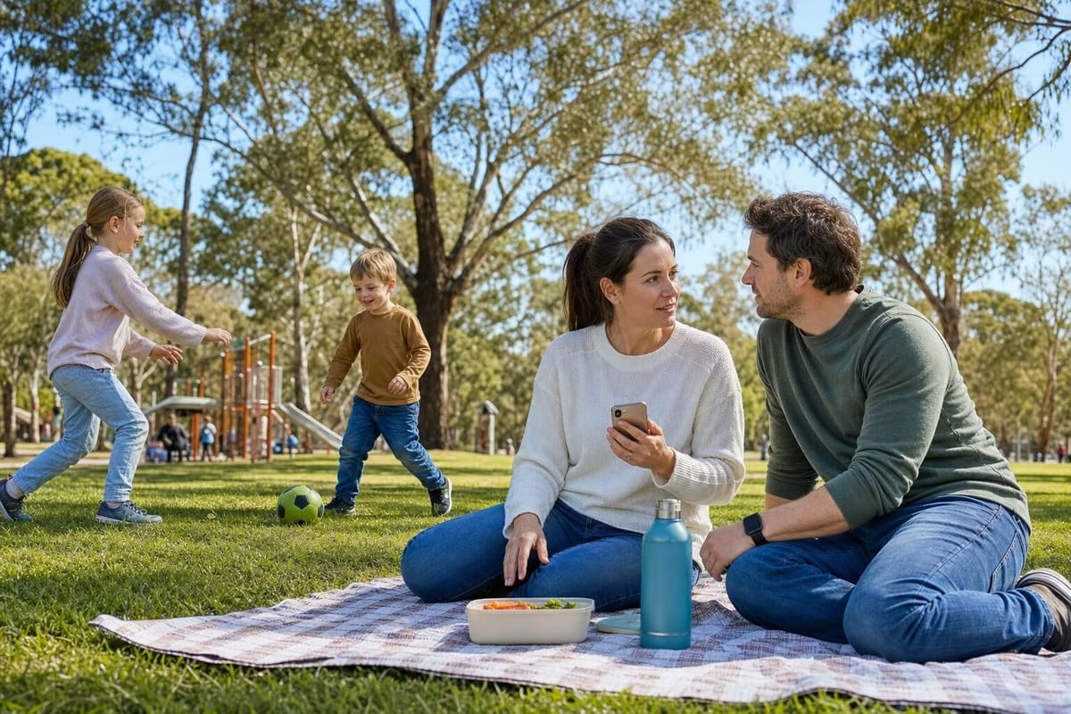 A couple on a picnic rug in a suburban Adelaide park talking something over while their two children kick a ball nearby
