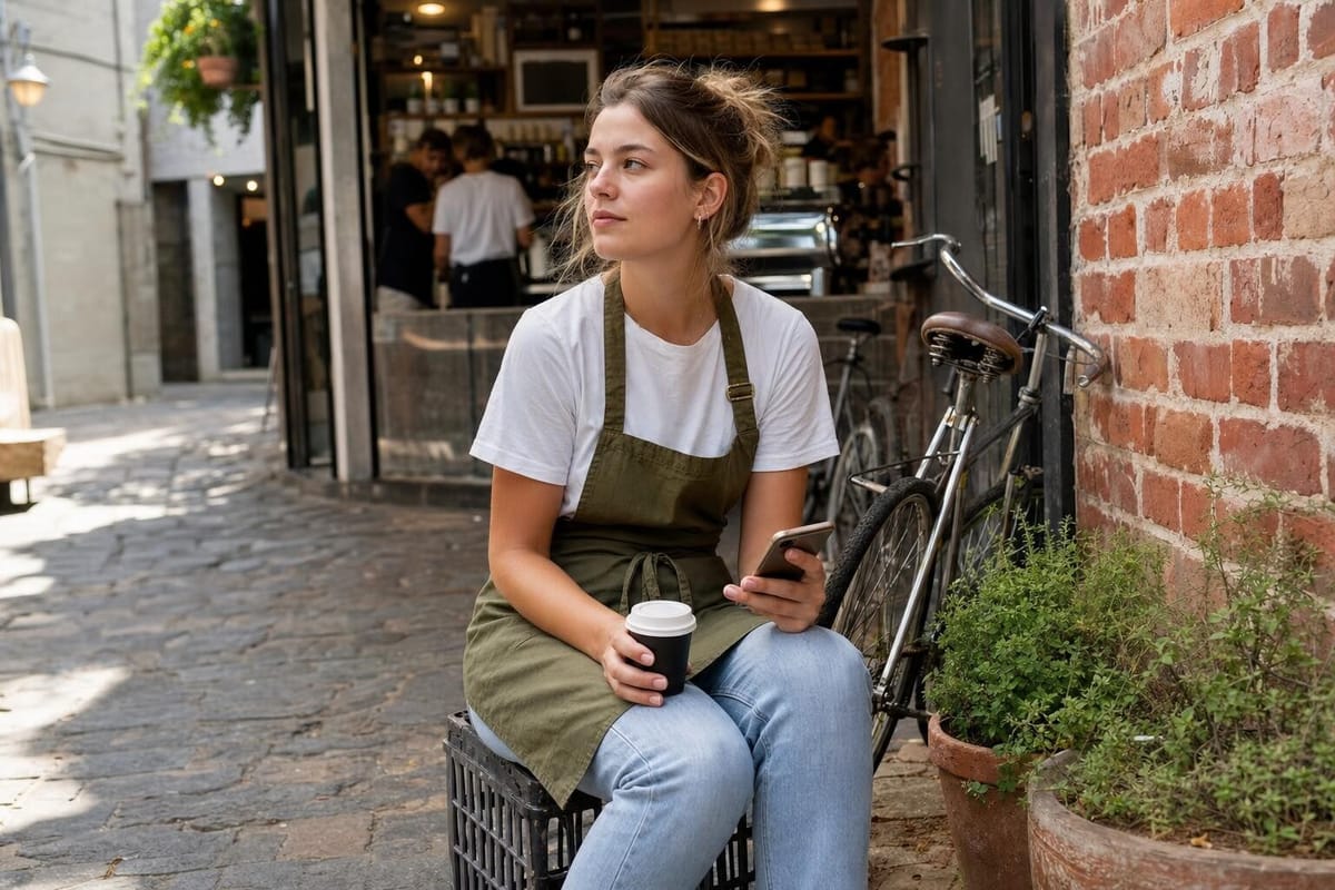 A barista in an olive apron taking a break on a milk crate in a sunny Melbourne laneway, coffee in one hand and phone in the other