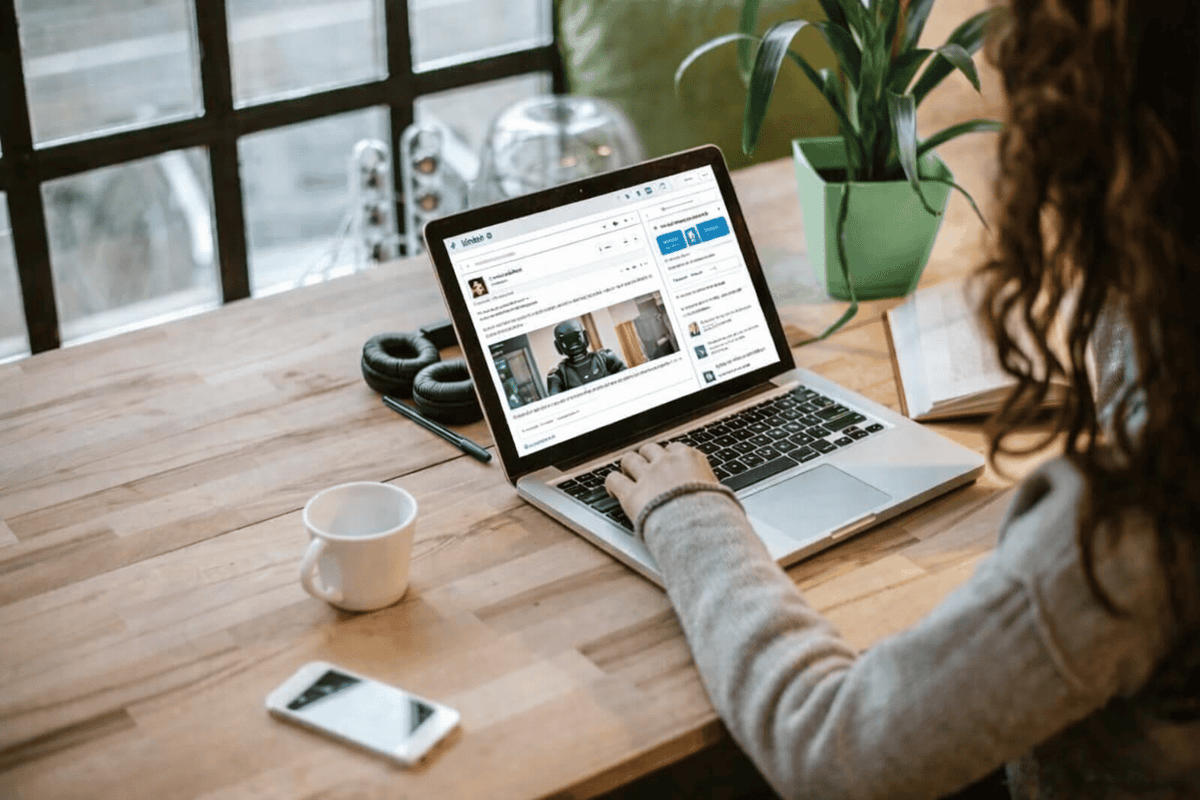 Someone at a laptop scrolling a professional network feed, coffee beside it