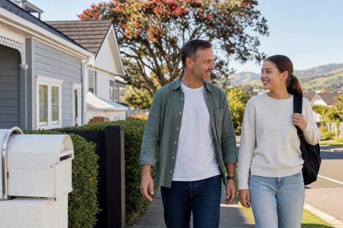 A father and his teenage daughter walking and talking along a sunlit Auckland street