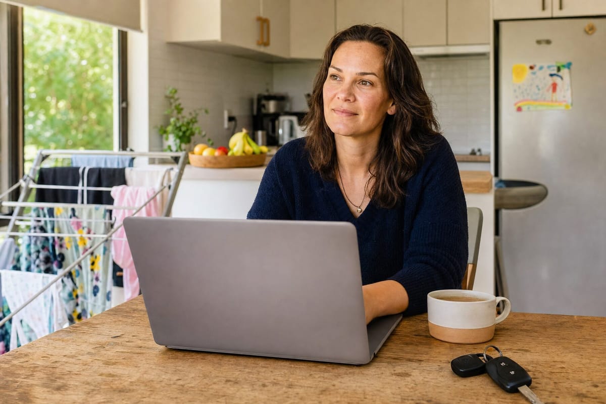 A woman looking up from a laptop at the kitchen table of a lived-in New Zealand home