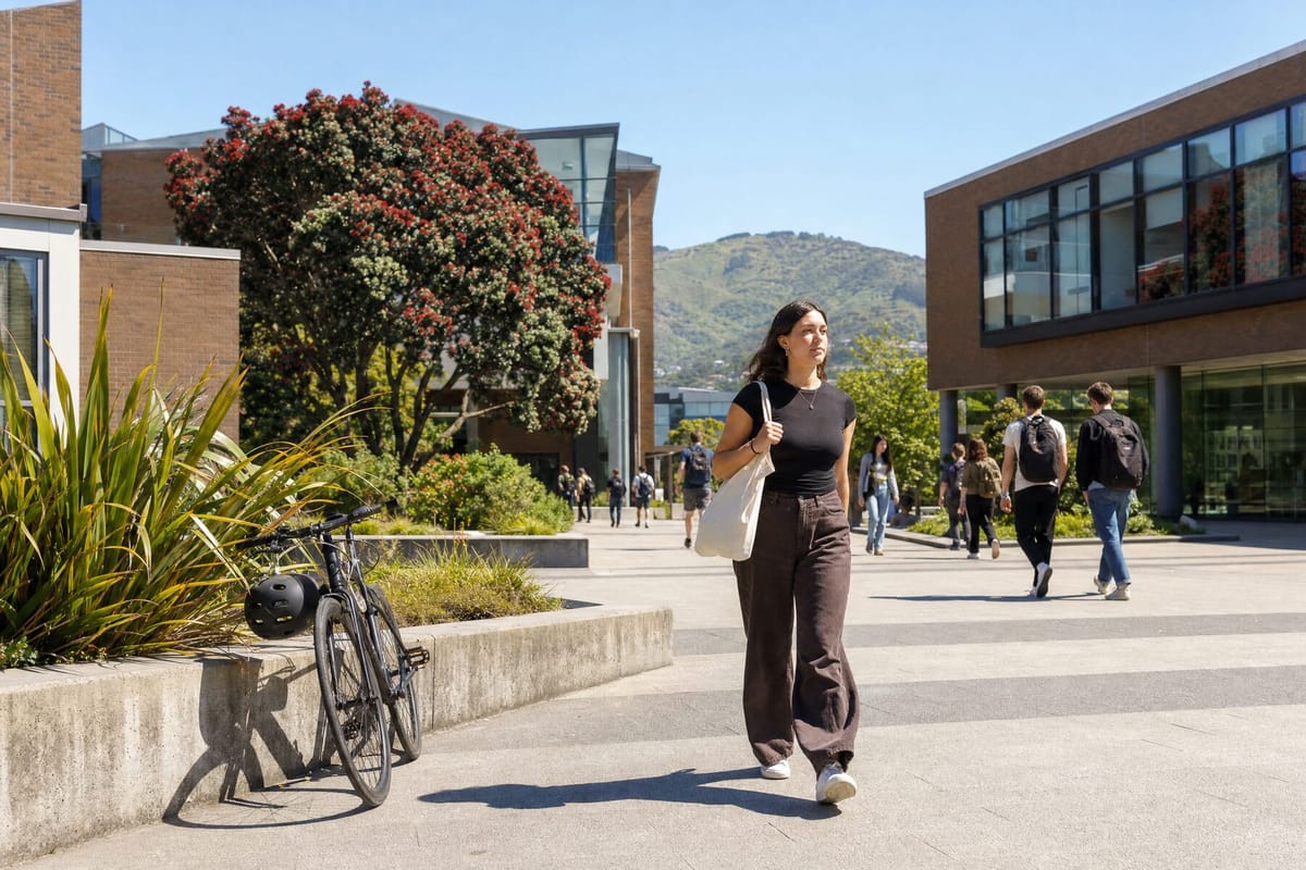 A university campus walkway in a New Zealand city on a clear morning, students walking between buildings, ordinary and unhurried