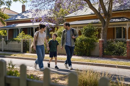 A young family walking together along a sunlit inner-suburban Australian street lined with verandahs and street trees