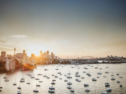 Sydney city skyline at sunset over the harbour