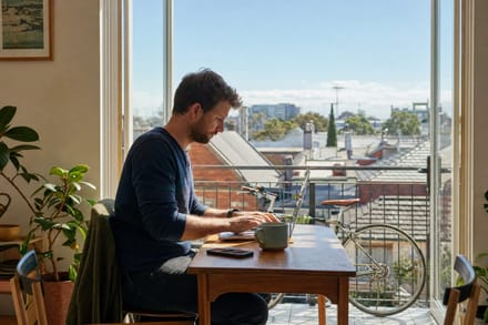 A man working at a laptop by a window, a notebook of handwritten notes and a coffee beside him.