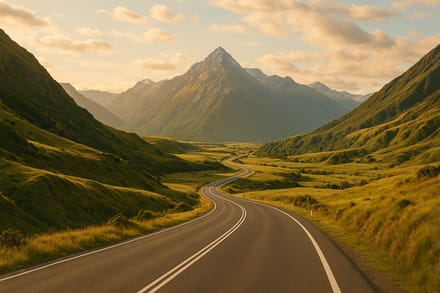 Open road winding through New Zealand mountains