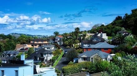 An Auckland hillside suburb of houses, gardens and a quiet street, the kind of place a residence visa is really about.
