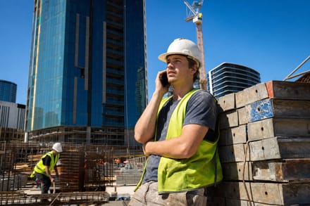 A worker in a hi-vis vest sitting on the tailgate of a ute at a worksite in the high country, checking a phone.