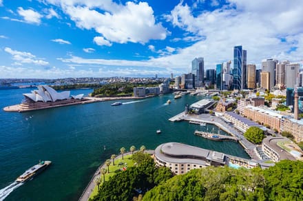 Aerial view of Sydney Harbour, the Opera House and the city skyline